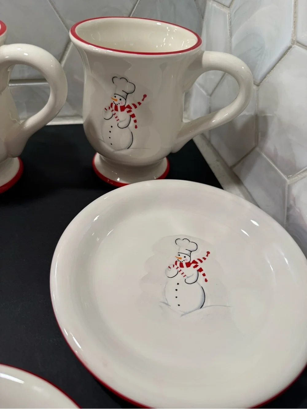 Williams Sonoma Snowman Chef Christmas Holiday 8pc Set 4 Mugs & 4 Plates RETIRED